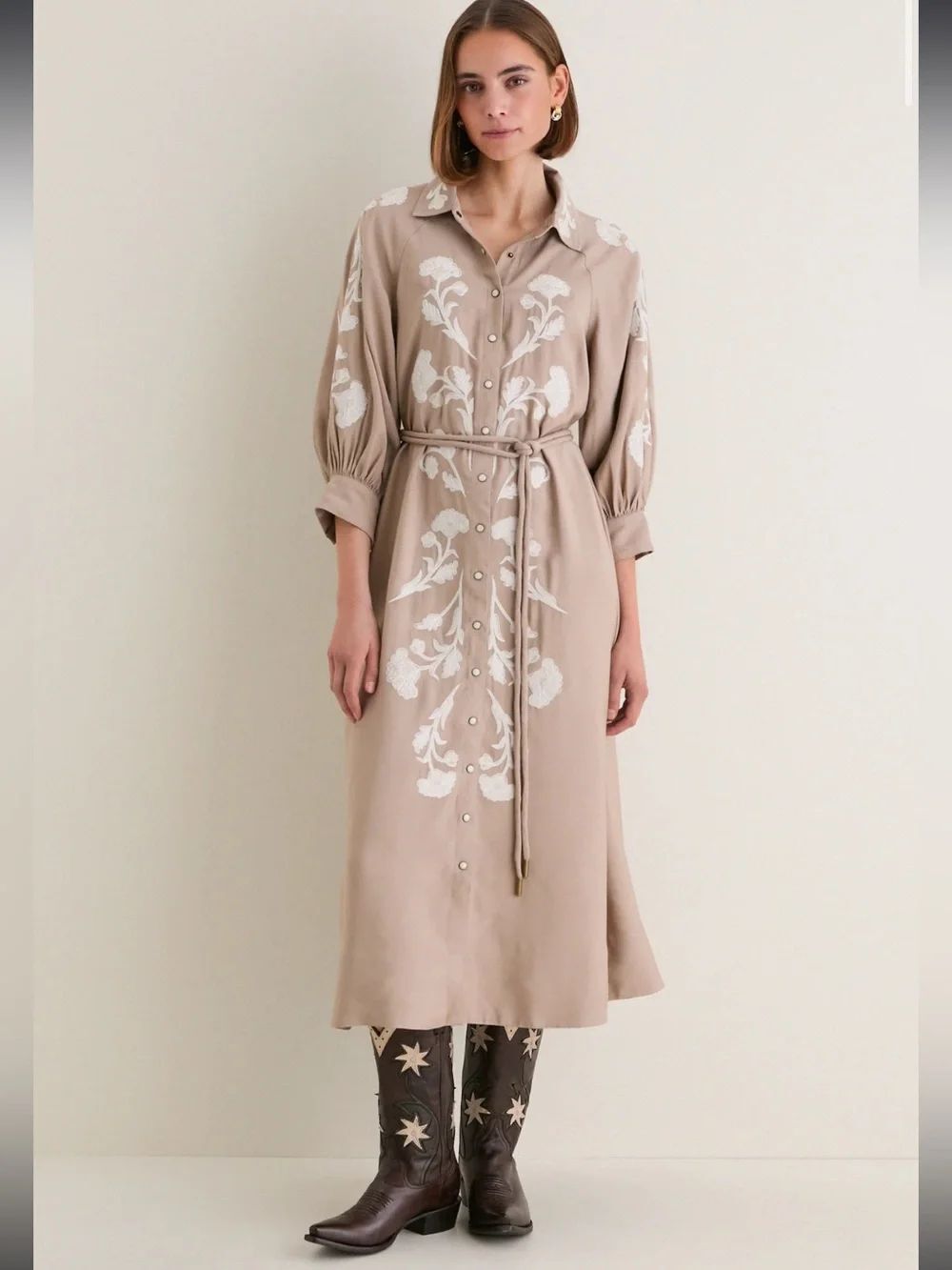 NEW THE GREAT. western embroidered herd dress in soft tan with cream embroidery